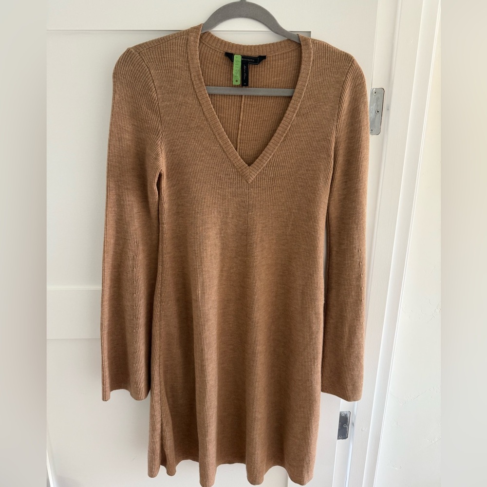 Tan V-Neck Sweater Dress